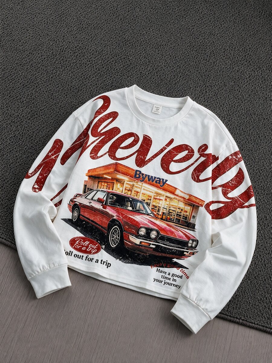 SHEIN Kids Tween Boy Racing Car Print Long Sleeve T-Shirt Casual College Style Comfortable Fashion Minimalist Practical Versatile Cute Soft Comfortable Suitable For Daily Wear Suitable For School Suitable For Outings Suitable For Sports Suitable For Holiday Parties