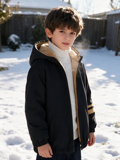 SHEIN 1pc Kids Tween Boys Casual College Style Comfortable Solid Black Printed Pattern Fashion Versatile Zip-Up Hoodie Cardigan Jacket Padded Coat Suitable For Autumn/Winter