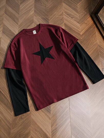 SHEIN Tween Boy Autumn Casual Five-Point Star Pattern 2 In 1 Contrast Color Long Sleeve Knit T-Shirt Suitable For Autumn/Winter