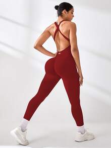 SHEIN Sports 2件套女士纯色无袖性感连体运动裤 - 黑色 - 查看 6