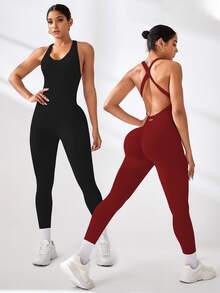 SHEIN Sports 2件套女士纯色无袖性感连体运动裤 - 黑色 - 查看 2