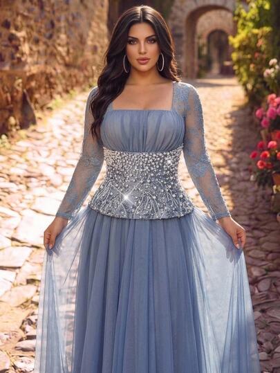 Aureia Plus Size Elegant Romantic Blue Luxury 3D Beaded Embroidery Patchwork French Lace Square Neck Long Sleeve Sheer Mesh Full A-Line Evening Gown For Dating, Wedding, Bachelorette Party, Graduation, Homecoming And All Formal Occasions