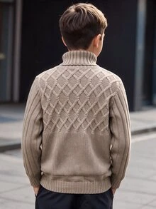 SHEIN 兒童青少年男孩休閒日常百搭舒適高領長袖套頭針織毛衣，純色，適合通勤、上學、休閒、學習、運動，秋冬款 - 卡其色 - 查看 3