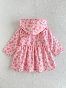 SHEIN 女嬰幼兒女孩連帽風衣式外套，甜美公主風粉色愛心印花，毛茸茸羊羔絨內裡長袖加厚款，百褶設計，適合冬季聖誕節與秋季假期 - 粉色 - 查看 3