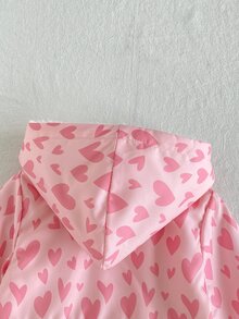 SHEIN 女嬰幼兒女孩連帽風衣式外套，甜美公主風粉色愛心印花，毛茸茸羊羔絨內裡長袖加厚款，百褶設計，適合冬季聖誕節與秋季假期 - 粉色 - 查看 6