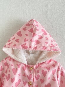 SHEIN 女嬰幼兒女孩連帽風衣式外套，甜美公主風粉色愛心印花，毛茸茸羊羔絨內裡長袖加厚款，百褶設計，適合冬季聖誕節與秋季假期 - 粉色 - 查看 7