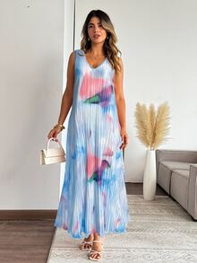 SHEIN Clasi 大码复古扎染印花百褶无袖连衣裙 - 藍色 - 查看 5