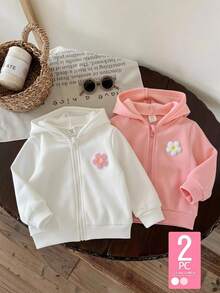 SHEIN Vintaside Kids Baby Girls Casual Solid Color Thermal Lined Hooded Zip-Up Jacket, Suitable For Autumn/Winter - Multicolor - View 1