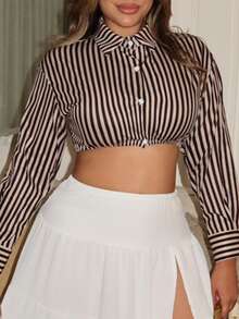 Maria Perezxox Women Long Sleeve Single-Breasted Striped Cropped Sexy Shirt Fall Cloth For Women - Camel - View 7