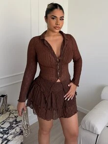 Maria Perezxox 荷叶边不对称下摆透视上衣（不含胸罩）双层蛋糕裙两件套，适合秋季穿着 - 棕色 - 查看 5