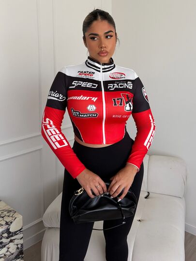 Maria Perezxox Women's F1 RACING Graphic Jacket,Stretchy Half-Neck Zipper Long Sleeve Top,Red And White Stripe,Autumn,Streetwear Athleisure Athletic,City Break,Y2K