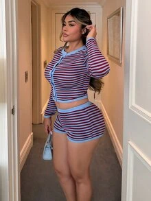 Maria Perezxox 2pcs Women Concert Going Out Striped Pattern Front Button Long Sleeve Top And Shorts Set, Spring To Summer Summer Two Piece Set Striped Set - Multicolor - View 4