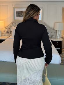 Maria Perezxox 女士黑色休闲收腰褶皱衬衫，长袖上衣 - 黑色 - 查看 2