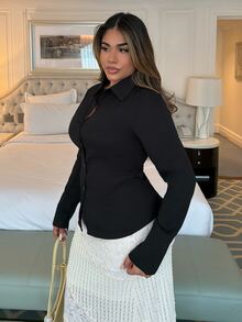 Maria Perezxox 女士黑色休闲收腰褶皱衬衫，长袖上衣 - 黑色 - 查看 4