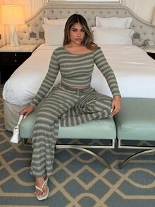 Maria Perezxox 女款日常穿著必備針織彈性舒適不對稱領長袖上衣與寬腿運動長褲兩件套 - 彩色 - 查看 1