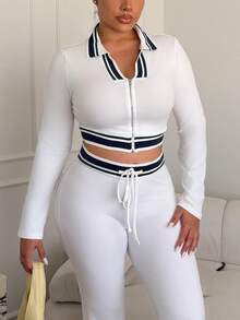 Maria Perezxox 對比領短版拉鍊上衣與修身喇叭褲 運動休閒辣妹兩件套 - 白色 - 查看 7