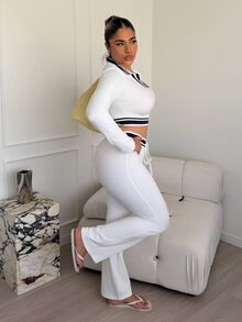 Maria Perezxox 對比領短版拉鍊上衣與修身喇叭褲 運動休閒辣妹兩件套 - 白色 - 查看 6
