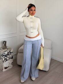 Maria Perezxox 女士冬季街头服饰外出休闲返校复古日常服饰 Y2K 罗纹针织白色翻领长裤法式灰色喇叭裤 - 灰色 - 查看 3