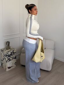 Maria Perezxox 女士冬季街头服饰外出休闲返校复古日常服饰 Y2K 罗纹针织白色翻领长裤法式灰色喇叭裤 - 灰色 - 查看 4