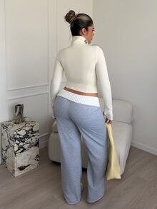 Maria Perezxox 女士冬季街头服饰外出休闲返校复古日常服饰 Y2K 罗纹针织白色翻领长裤法式灰色喇叭裤 - 灰色 - 查看 2