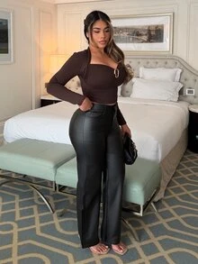 Maria Perezxox 女士纯色直筒裤，时尚百搭，秋冬 - 黑色 - 查看 4