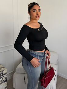 Maria Perezxox Women's Eyelet Decor Fitted Long Sleeve T-Shirt, Early Autumn Fall Cloth For Women - Black - View 4