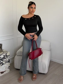 Maria Perezxox Women's Eyelet Decor Fitted Long Sleeve T-Shirt, Early Autumn Fall Cloth For Women - Black - View 5