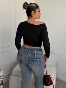 Maria Perezxox Women's Eyelet Decor Fitted Long Sleeve T-Shirt, Early Autumn Fall Cloth For Women - Black - View 2