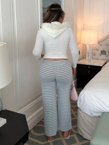Maria Perezxox Women's Low Waist Striped Brushed Drawstring Yoga Loose Pants, Comfortable For Home Wear - Grey - View 2