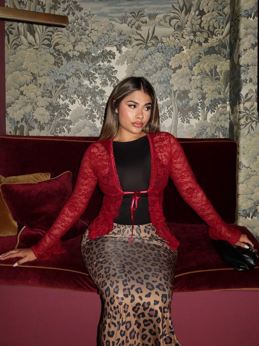 Maria Perezxox Women's Sexy Contrast Lace V-Neck Lace Trim Top - Burgundy - View 1