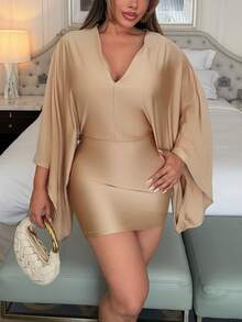 Maria Perezxox 优雅薄荷蓝深V蝙蝠袖宽松修身迷你连衣裙 - 适合情人节约会、度假 - 香檳色 - 查看 5