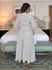 Maria Perezxox 女式条纹船领长袖纽扣设计休闲连衣裙 - 灰色 - 查看 2