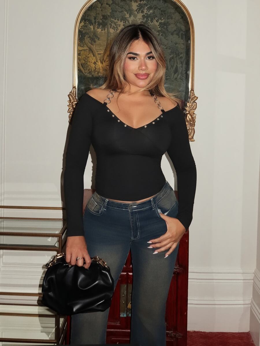 Maria Perezxox 女士黑色休闲性感露肩链条修身长袖上衣 - 黑色 - 查看 1