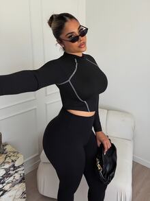 Maria Perezxox 明线插肩袖不对称下摆修身立领 T 恤 - 黑色 - 查看 1