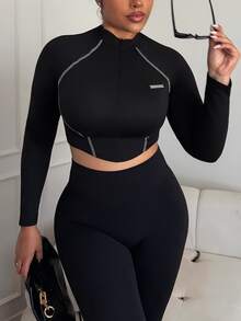 Maria Perezxox 明线插肩袖不对称下摆修身立领 T 恤 - 黑色 - 查看 5
