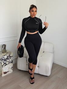 Maria Perezxox 明线插肩袖不对称下摆修身立领 T 恤 - 黑色 - 查看 4