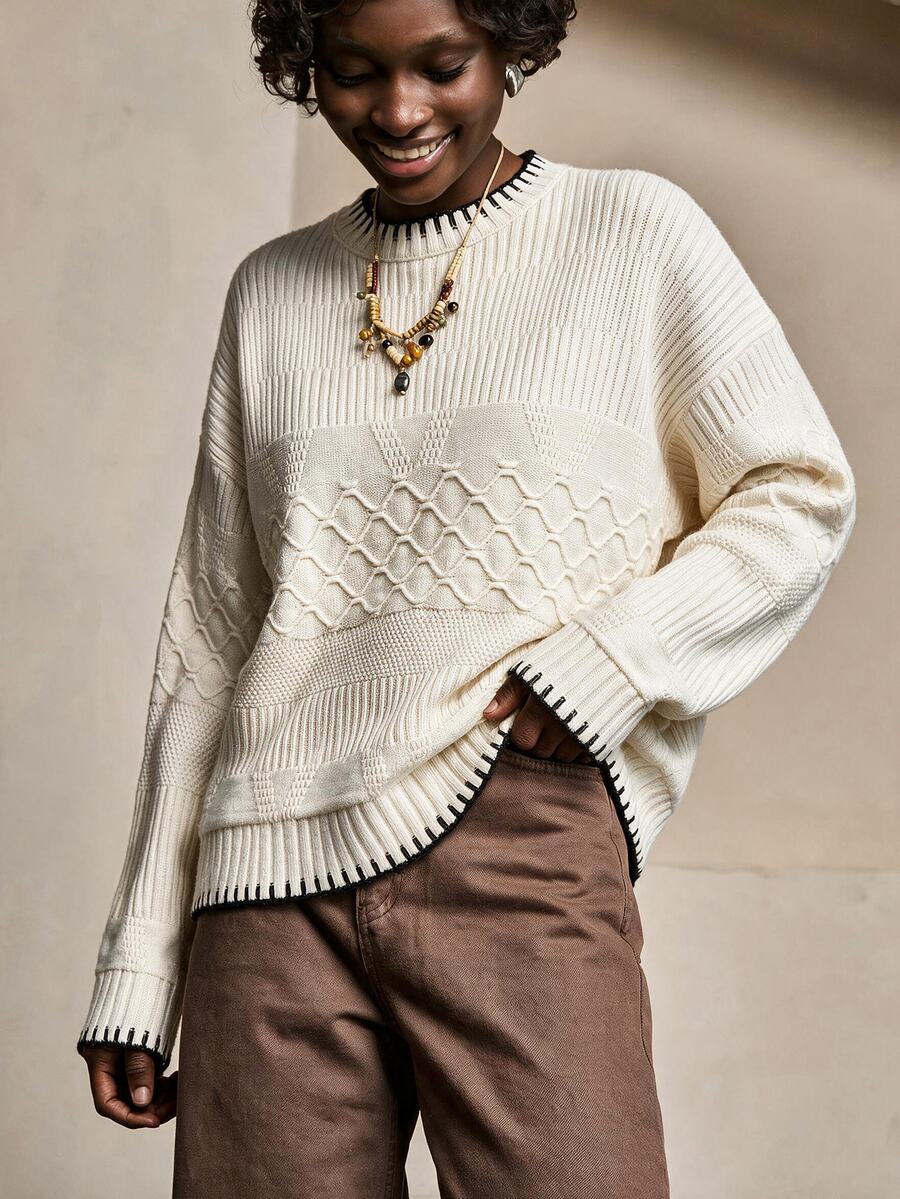 Bóhologie Men Cable Knit Pattern Crew Neck Regular Sweater - Beige - View 1