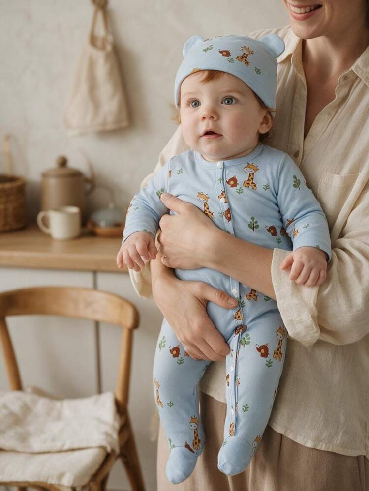 SHEIN 2pcs Newborn Unisex Baby Cartoon Bear Print Long Sleeve Romper With Hat, Light Blue, Cute Family Matching Daily Wear, Birthday Photography, Autumn - Blue - View 3