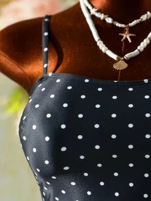 SHEIN Swim 女款坦克尼套裝，羅紋布料花卉泳褲，雙肩帶泳裝，休閒海灘度假坦克背心坦克尼 - 黑色 - 查看 3
