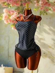 SHEIN Swim 女款坦克尼套裝，羅紋布料花卉泳褲，雙肩帶泳裝，休閒海灘度假坦克背心坦克尼 - 黑色 - 查看 6
