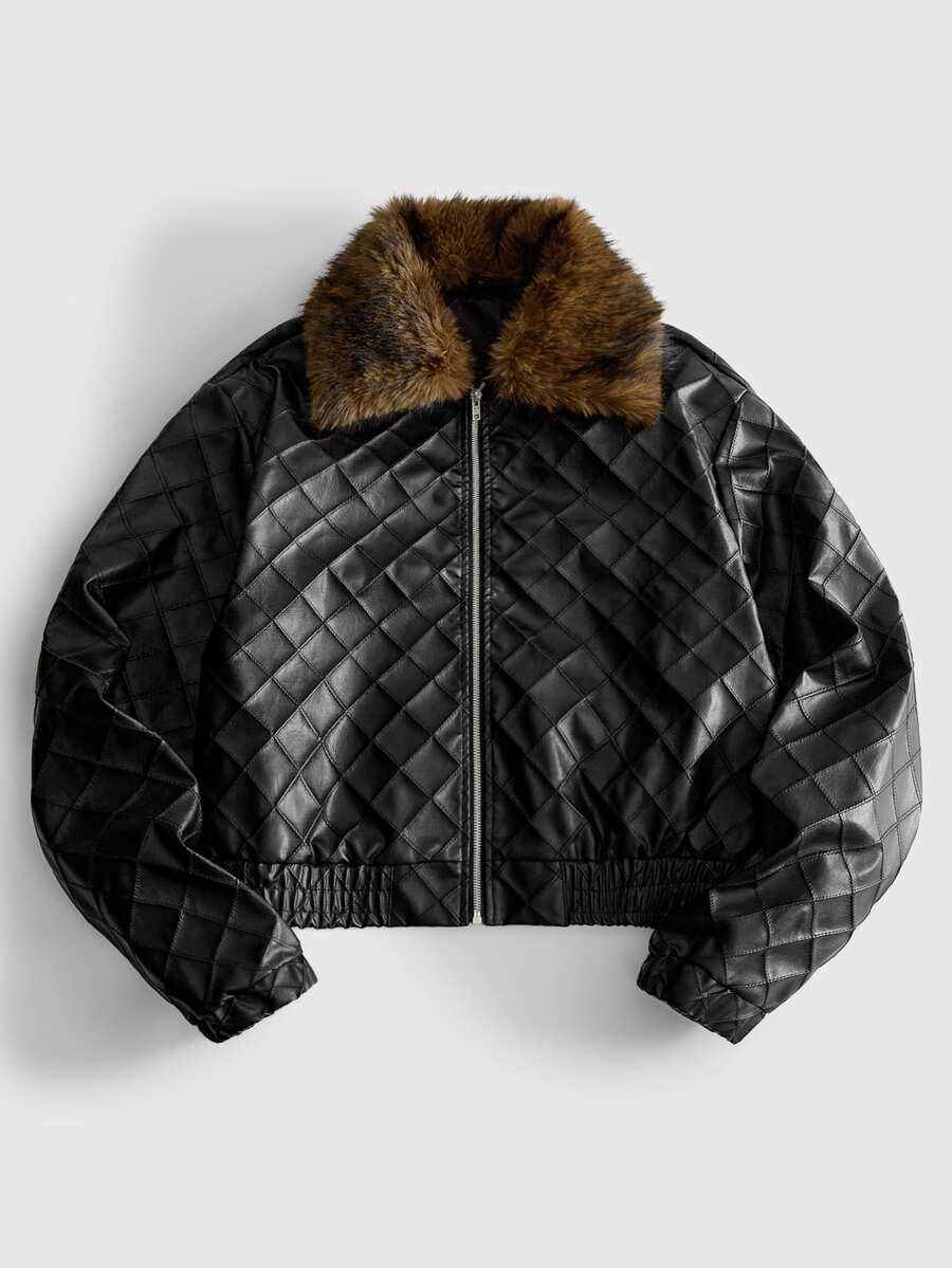 ROMWE MEN Men's Zipper Long Sleeve Faux Fur Patchwork Collar Jacket - Black - View 1