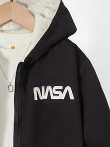 SHEIN 青少年男孩字母圖案休閒日常穿著連帽外套 秋冬款 - 黑色 - 查看 3