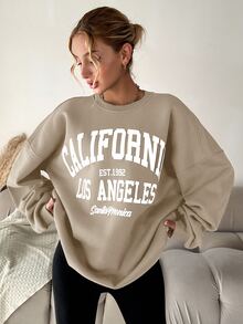 SHEIN Tall Size Women Cotton Letter Pattern Beige Solid Color Drop Shoulder Casual Streetwear Sweatshirt Everyday Traveling Spring - Beige - View 7