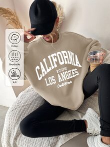 SHEIN Tall Size Women Cotton Letter Pattern Beige Solid Color Drop Shoulder Casual Streetwear Sweatshirt Everyday Traveling Spring - Beige - View 6