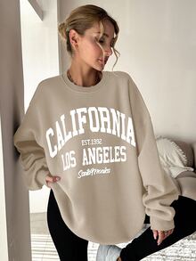 SHEIN Tall Size Women Cotton Letter Pattern Beige Solid Color Drop Shoulder Casual Streetwear Sweatshirt Everyday Traveling Spring - Beige - View 5