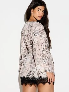 KIZN Snake Print Kimono Robe With Black Lace Trim Hem Bell Sleeves V-Neck Wrap Style Mini Length Loungewear Cover Up - Grey - View 2