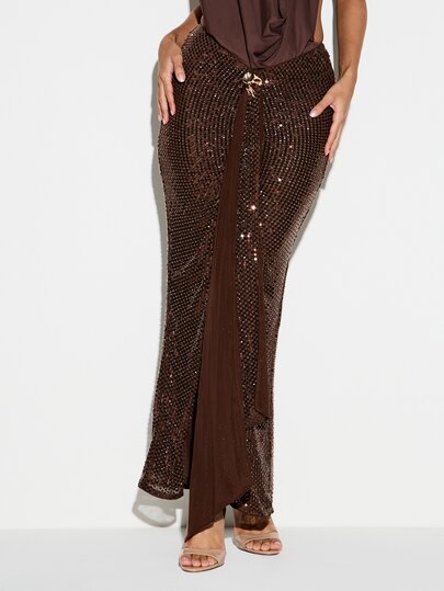 KIZN Długa błyszcząca spódnica maxi z cekinami, z rozcięciem z przodu i złotym zapięciem, dopasowana sylwetka bodycon, na imprezę, wieczór, święta i okazje, glamour