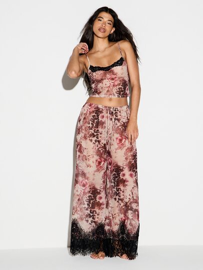 KIZN Floral And Mixed Animal Print Satin Co-Ord Set With Lace Trim Cami Crop Top And Wide Leg Full Length Palazzo Pants