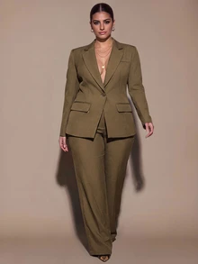 SHEIN BAE CURVE 大尺碼女款鈕扣長袖夾克休閒長褲套裝，商務休閒西裝外套與長褲套裝，純綠色秋季套裝，萬聖節 - 卡其色 - 查看 4