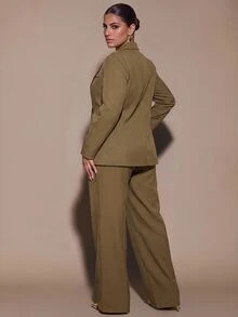 SHEIN BAE CURVE 大尺碼女款鈕扣長袖夾克休閒長褲套裝，商務休閒西裝外套與長褲套裝，純綠色秋季套裝，萬聖節 - 卡其色 - 查看 2